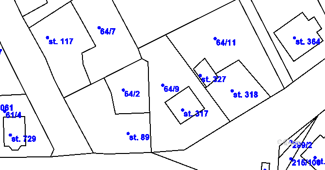 Parcela st. 64/9 v KÚ Hořelice, Katastrální mapa