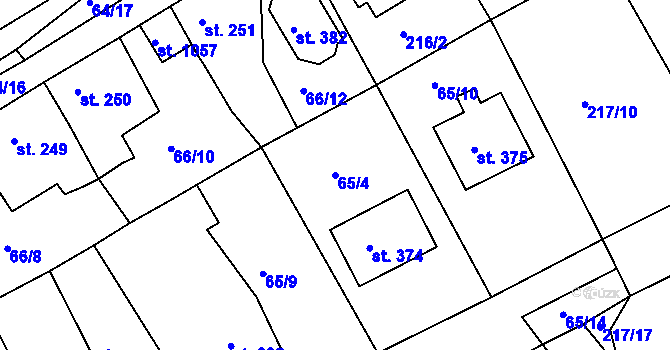 Parcela st. 65/4 v KÚ Hořelice, Katastrální mapa