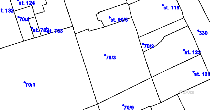 Parcela st. 70/3 v KÚ Hořelice, Katastrální mapa