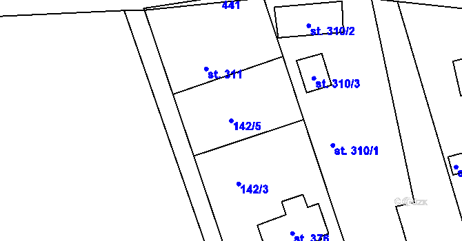Parcela st. 142/5 v KÚ Hořelice, Katastrální mapa
