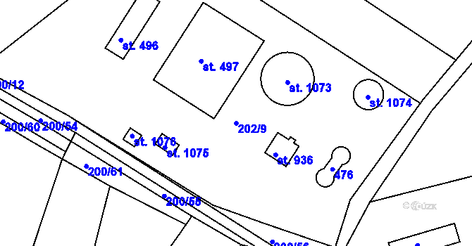 Parcela st. 202/9 v KÚ Hořelice, Katastrální mapa