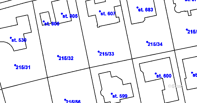 Parcela st. 215/33 v KÚ Hořelice, Katastrální mapa