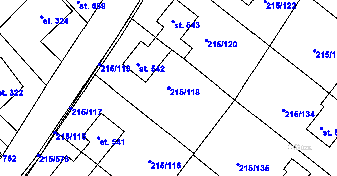 Parcela st. 215/118 v KÚ Hořelice, Katastrální mapa