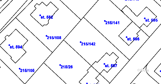 Parcela st. 215/142 v KÚ Hořelice, Katastrální mapa
