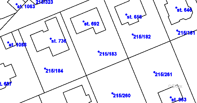 Parcela st. 215/183 v KÚ Hořelice, Katastrální mapa