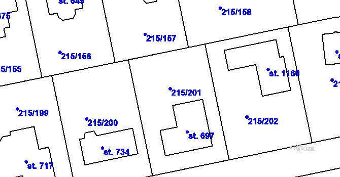 Parcela st. 215/201 v KÚ Hořelice, Katastrální mapa