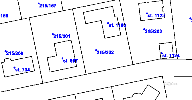 Parcela st. 215/202 v KÚ Hořelice, Katastrální mapa