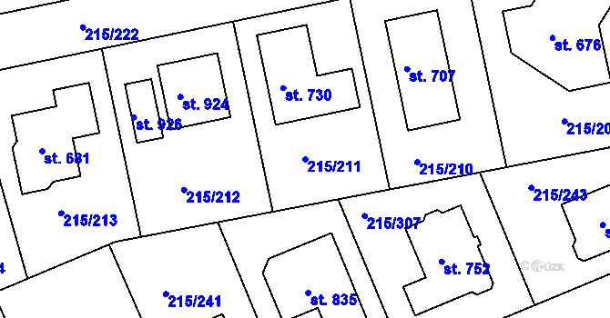 Parcela st. 215/211 v KÚ Hořelice, Katastrální mapa