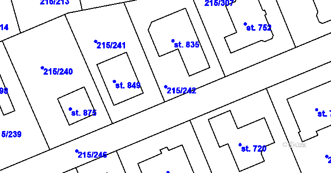 Parcela st. 215/242 v KÚ Hořelice, Katastrální mapa