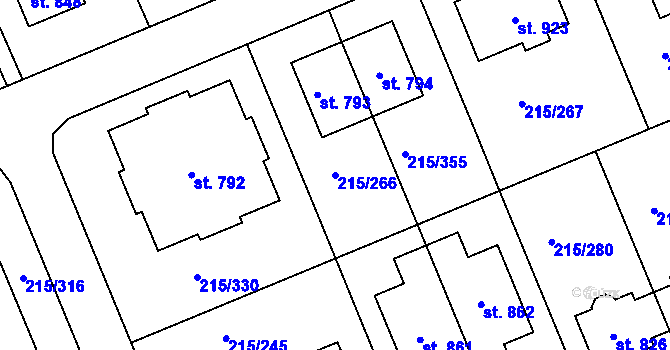 Parcela st. 215/266 v KÚ Hořelice, Katastrální mapa