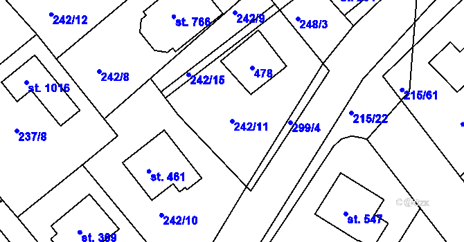 Parcela st. 242/11 v KÚ Hořelice, Katastrální mapa