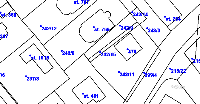 Parcela st. 242/15 v KÚ Hořelice, Katastrální mapa