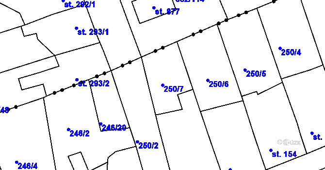 Parcela st. 250/7 v KÚ Hořelice, Katastrální mapa