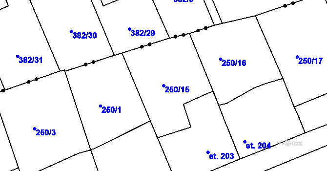 Parcela st. 250/15 v KÚ Hořelice, Katastrální mapa