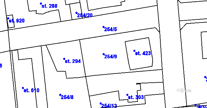 Parcela st. 254/9 v KÚ Hořelice, Katastrální mapa