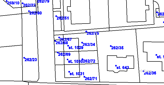 Parcela st. 262/34 v KÚ Hořelice, Katastrální mapa