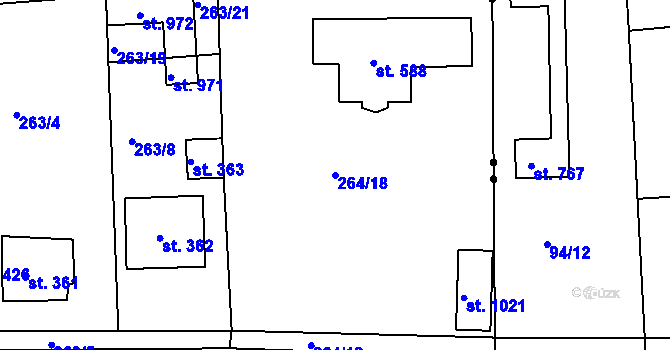 Parcela st. 264/18 v KÚ Hořelice, Katastrální mapa