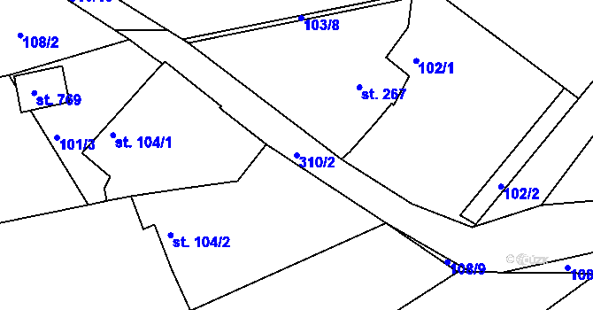 Parcela st. 310/2 v KÚ Hořelice, Katastrální mapa