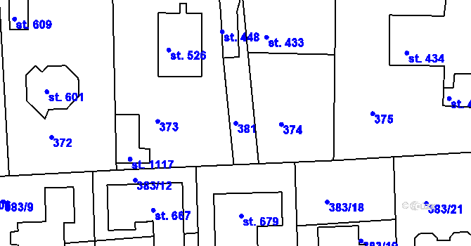Parcela st. 381 v KÚ Hořelice, Katastrální mapa