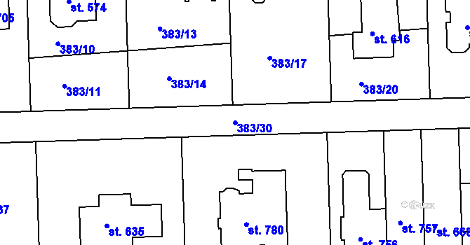 Parcela st. 383/30 v KÚ Hořelice, Katastrální mapa