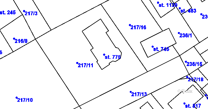 Parcela st. 775 v KÚ Hořelice, Katastrální mapa
