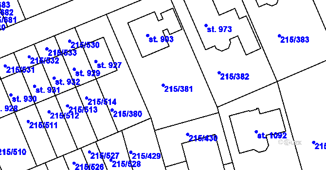 Parcela st. 215/381 v KÚ Hořelice, Katastrální mapa