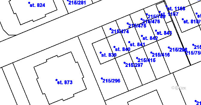 Parcela st. 839 v KÚ Hořelice, Katastrální mapa