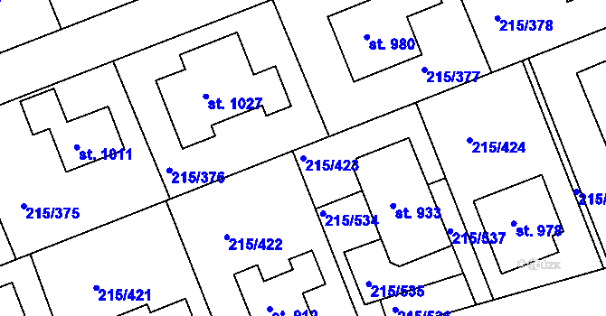 Parcela st. 215/423 v KÚ Hořelice, Katastrální mapa