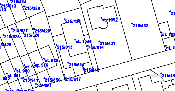 Parcela st. 215/616 v KÚ Hořelice, Katastrální mapa