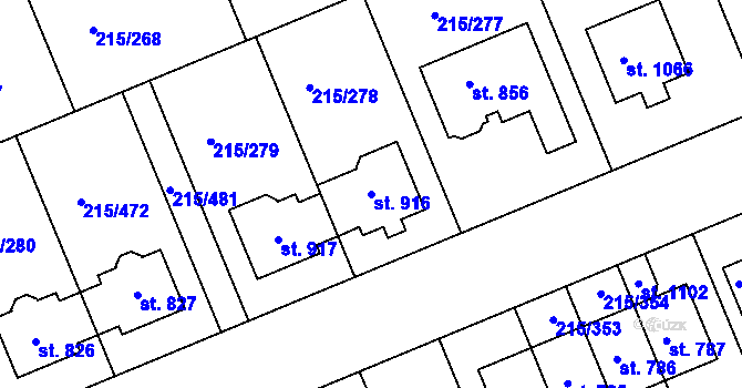 Parcela st. 916 v KÚ Hořelice, Katastrální mapa