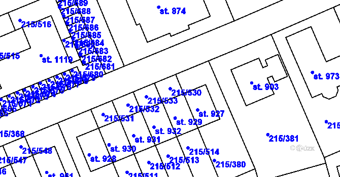 Parcela st. 215/530 v KÚ Hořelice, Katastrální mapa