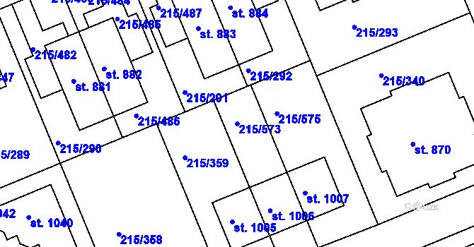 Parcela st. 215/573 v KÚ Hořelice, Katastrální mapa