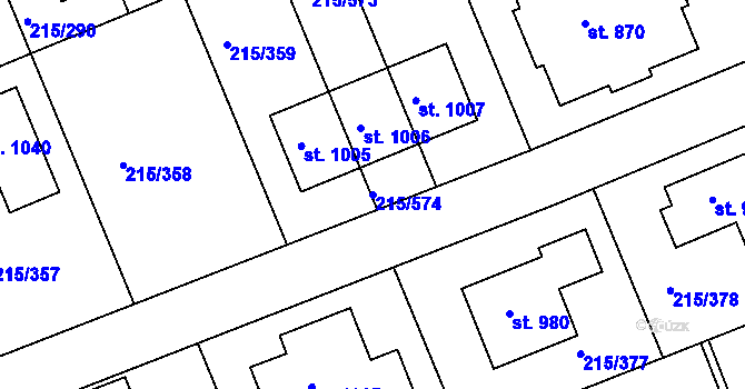 Parcela st. 215/574 v KÚ Hořelice, Katastrální mapa