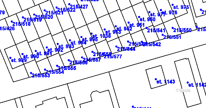 Parcela st. 215/577 v KÚ Hořelice, Katastrální mapa