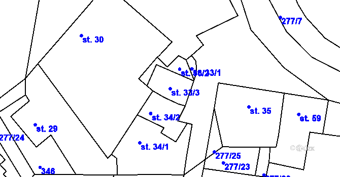 Parcela st. 33/3 v KÚ Hořelice, Katastrální mapa