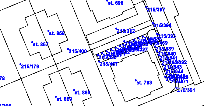 Parcela st. 215/630 v KÚ Hořelice, Katastrální mapa