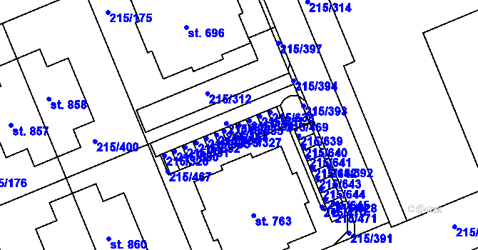 Parcela st. 215/635 v KÚ Hořelice, Katastrální mapa