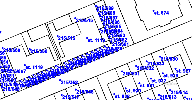Parcela st. 215/678 v KÚ Hořelice, Katastrální mapa