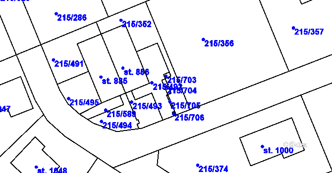 Parcela st. 215/704 v KÚ Hořelice, Katastrální mapa