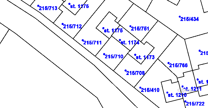 Parcela st. 215/710 v KÚ Hořelice, Katastrální mapa