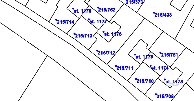 Parcela st. 215/712 v KÚ Hořelice, Katastrální mapa