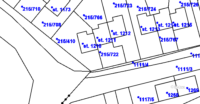 Parcela st. 215/722 v KÚ Hořelice, Katastrální mapa