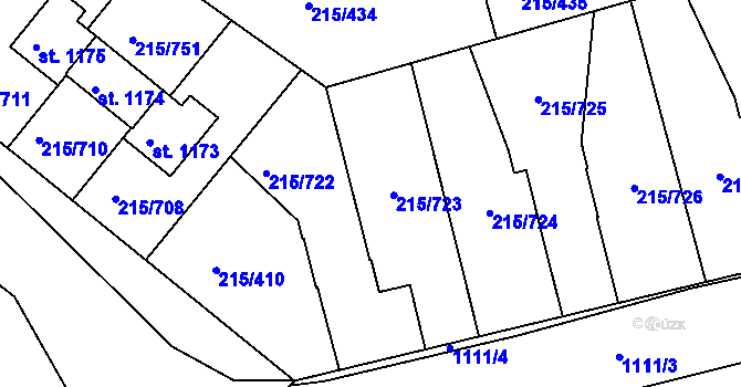 Parcela st. 215/723 v KÚ Hořelice, Katastrální mapa