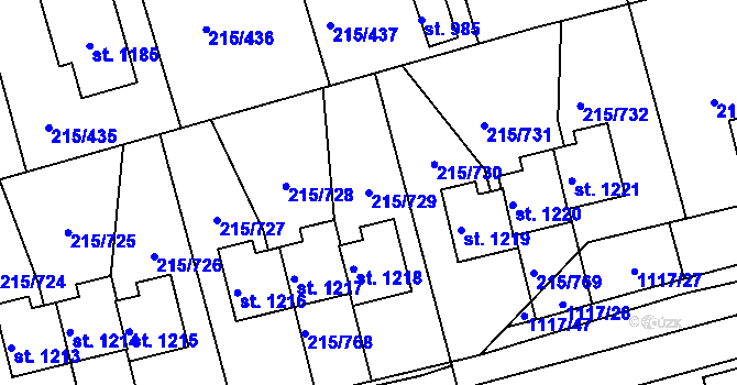 Parcela st. 215/729 v KÚ Hořelice, Katastrální mapa