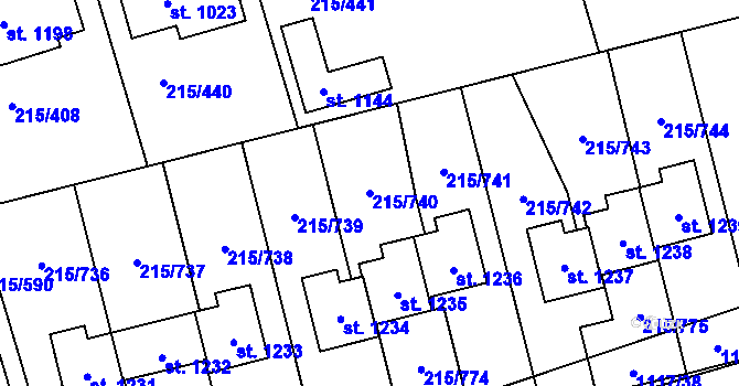 Parcela st. 215/740 v KÚ Hořelice, Katastrální mapa