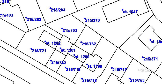 Parcela st. 215/762 v KÚ Hořelice, Katastrální mapa