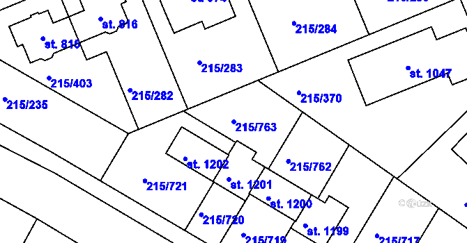 Parcela st. 215/763 v KÚ Hořelice, Katastrální mapa