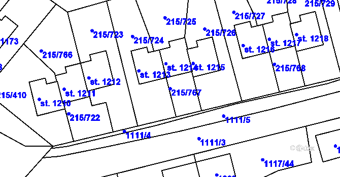 Parcela st. 215/767 v KÚ Hořelice, Katastrální mapa