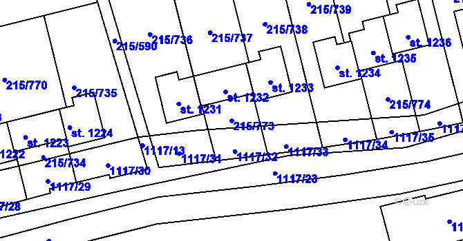 Parcela st. 215/773 v KÚ Hořelice, Katastrální mapa
