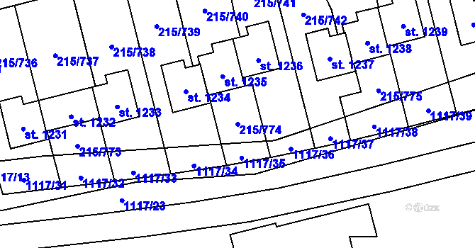 Parcela st. 215/774 v KÚ Hořelice, Katastrální mapa